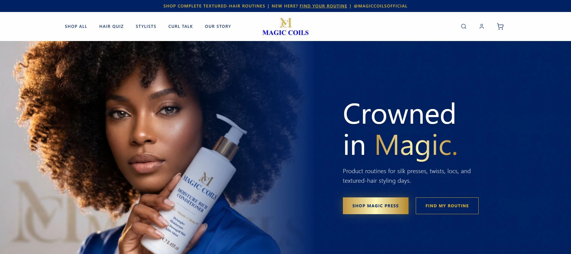 Updated Magic Coils website homepage featuring the Crowned in Magic product routine experience