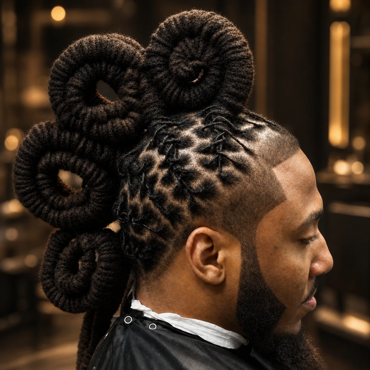 Couture House enhanced — sculptural loc updo with circular details