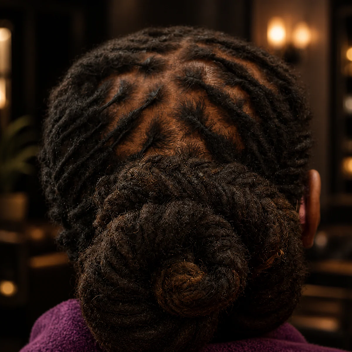 Couture House enhanced — double loc bun with sculpted parting