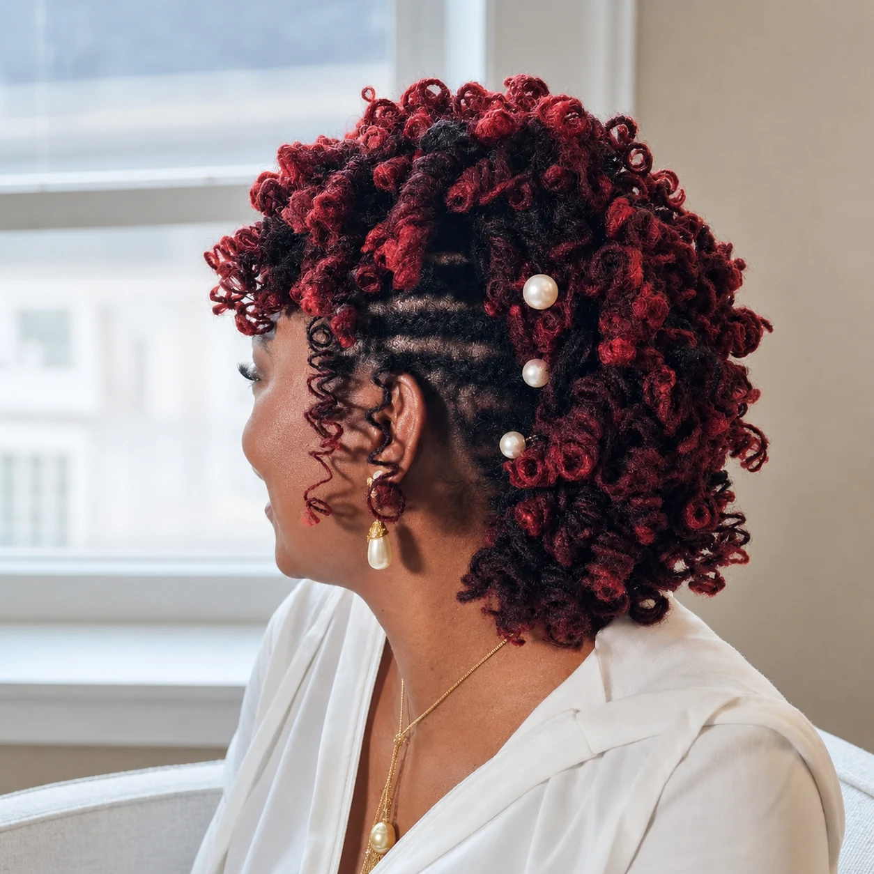 Couture House enhanced — red curled loc updo with pearl details